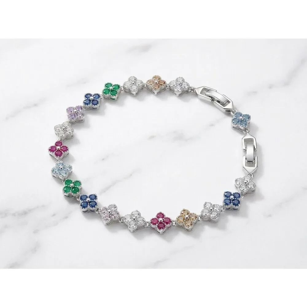 Silver Clover Flower Link Bracelet Pave CZ Crystal Elegant Jewelry Bridal Gift